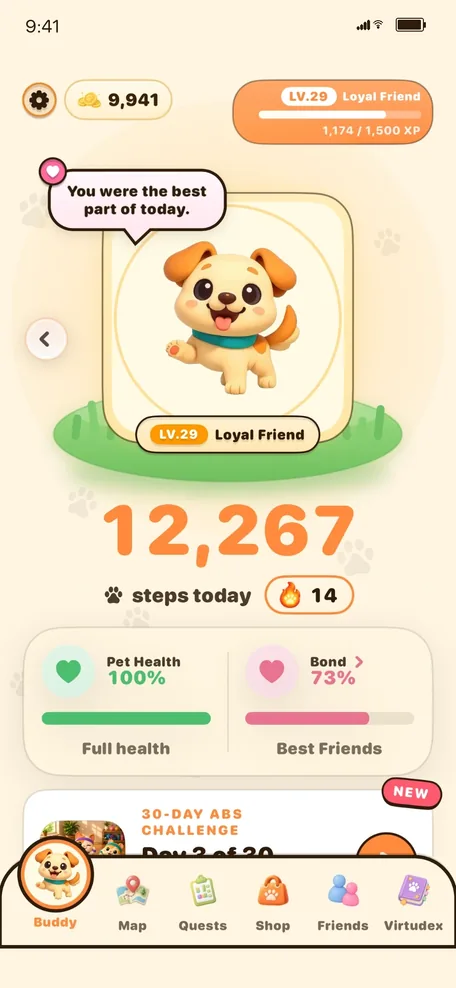 VirtuPet Today screen: Buddy the dog at level 29 with 12,267 steps today, pet health 100% and bond 73%